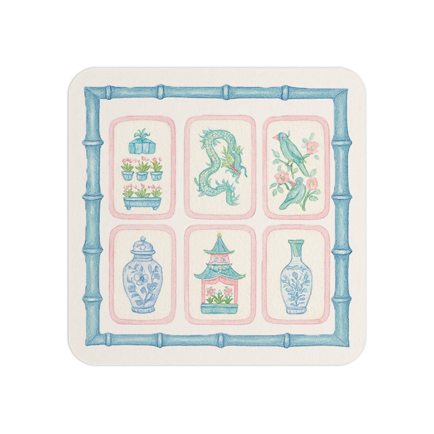 Mahjong Tile Pastel Chinoiserie Paper Coaster Set: 4