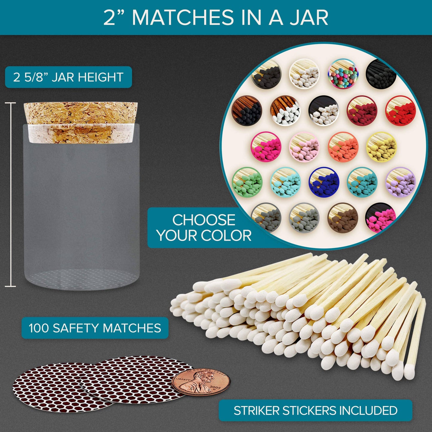 2" Matches in Cork Top Jar - Colors of Your Choice: Rainbow