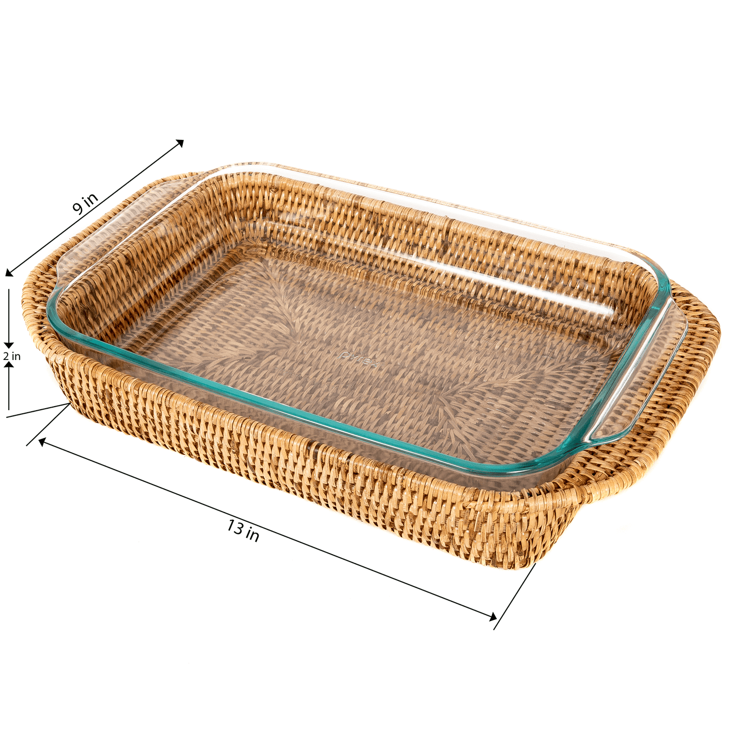 Rattan Rectangular Baker Basket with Pyrex – 13 Inch: Honey Brown