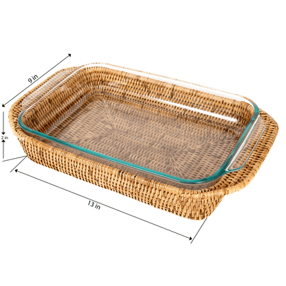Rattan Rectangular Baker Basket with Pyrex – 13 Inch: Honey Brown