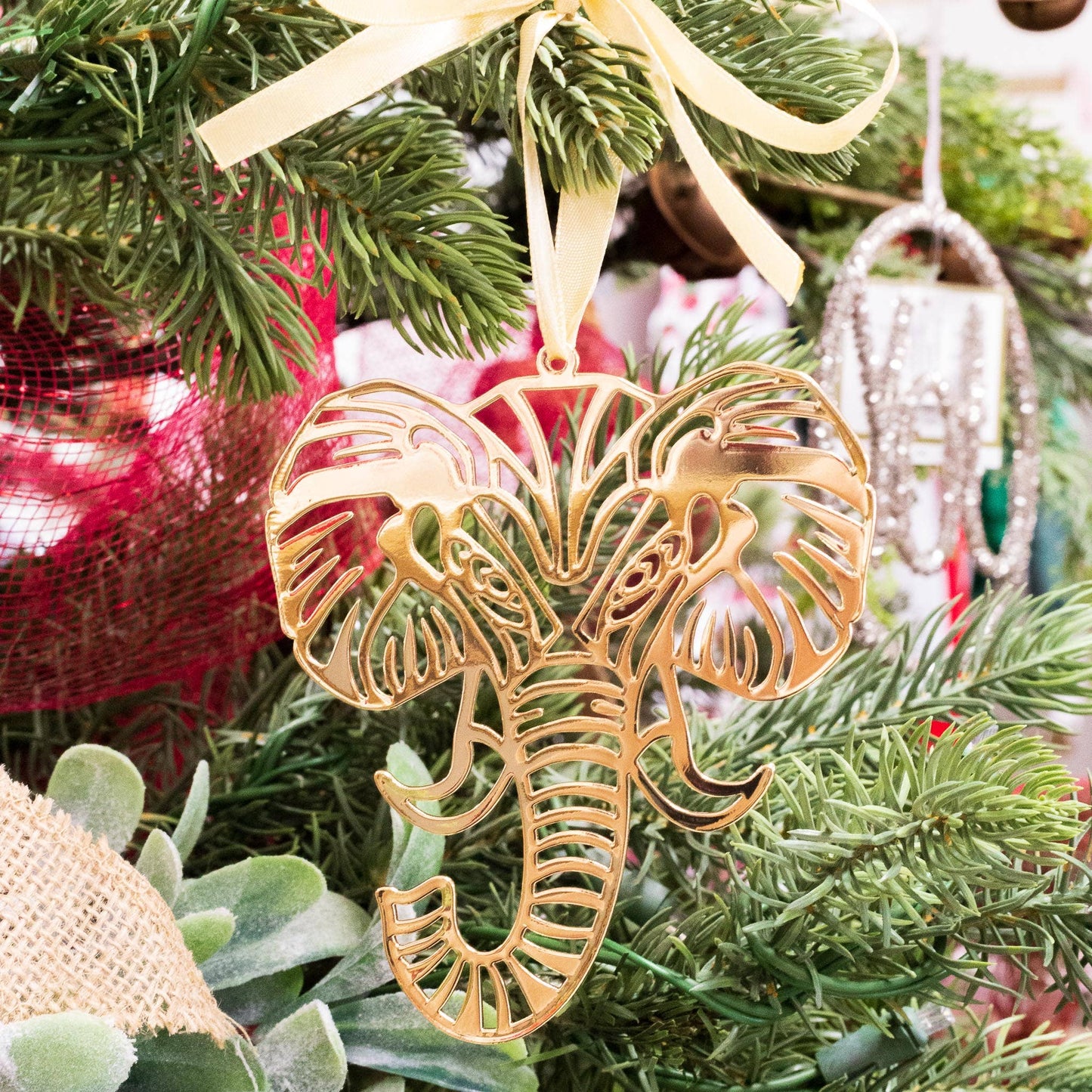 Elephant Face Ornament   Gold   4"