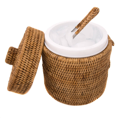 Rattan Ice Bucket with Tongs – Beverage Cooler: Honey Brown / Medium