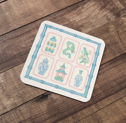 Mahjong Tile Pastel Chinoiserie Paper Coaster Set: 4