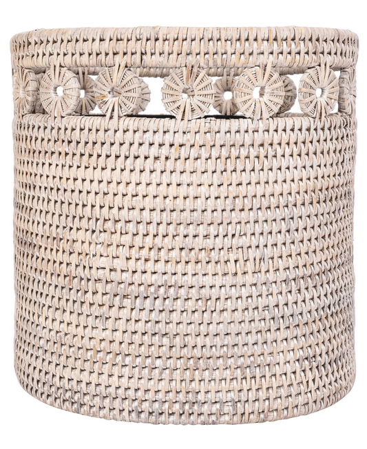 Oval Rattan Waste Basket with Metal Liner: White Wash