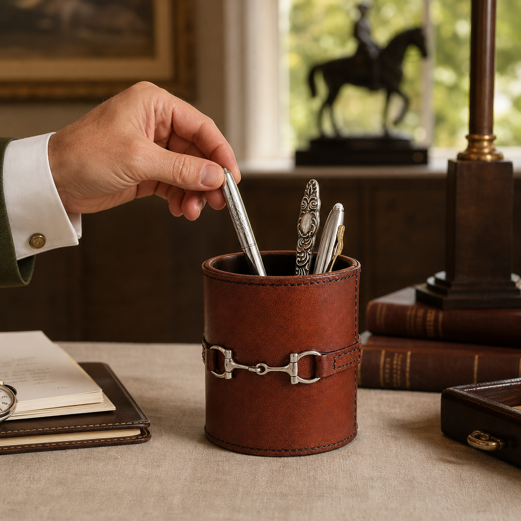 Premium Genuine Leather Stirrup Office Pen Holder