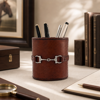 Premium Genuine Leather Stirrup Office Pen Holder