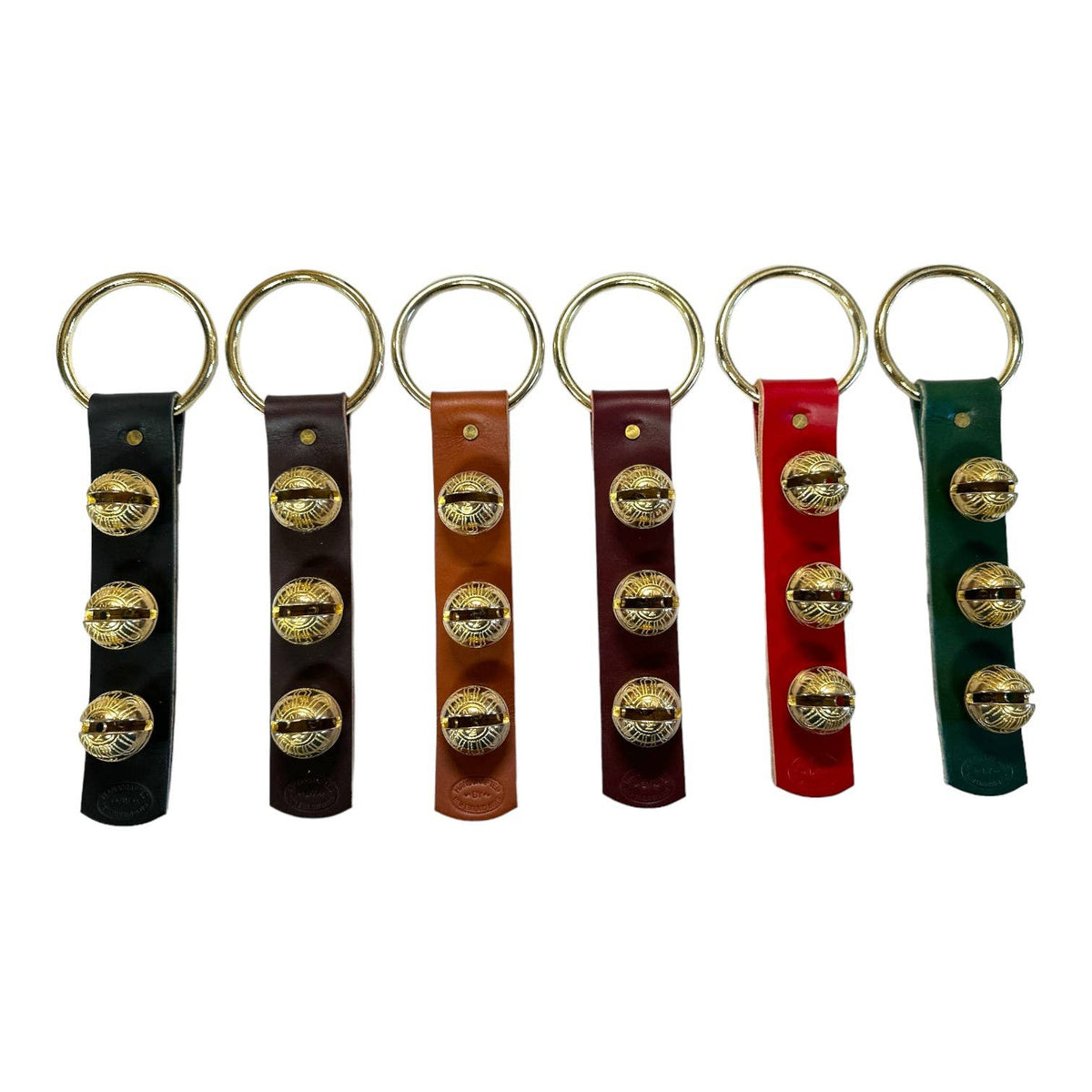 Traditional Strap Bells -  #2 Size Bells - 3 Bells on Strap: Green / Brass