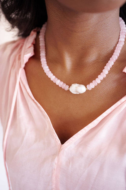 Susie- Quartz Beaded Necklace with freshwater Pearl - WS: Light Blue