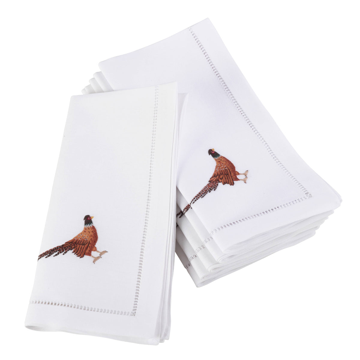 Embr'd Pheasant Hemstitch Napkin: White Set of 4