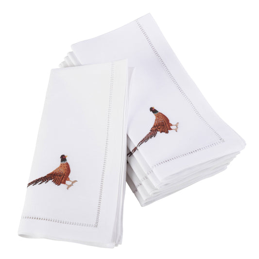 Embr'd Pheasant Hemstitch Napkin: White Set of 4