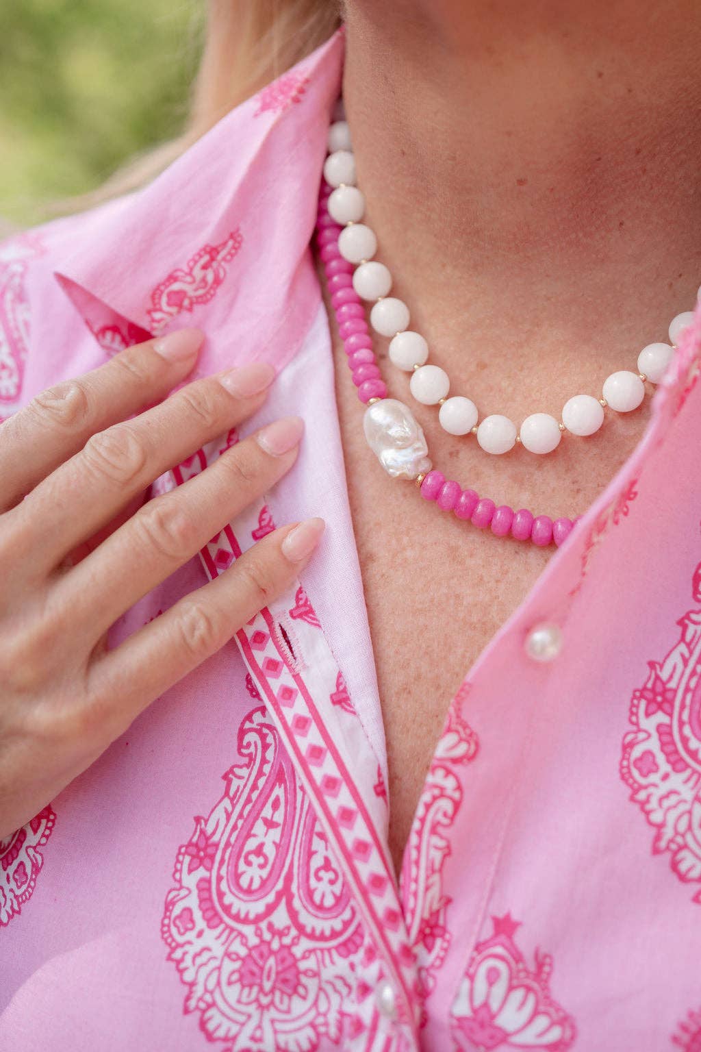 Susie- Quartz Beaded Necklace with freshwater Pearl - WS: Light Blue