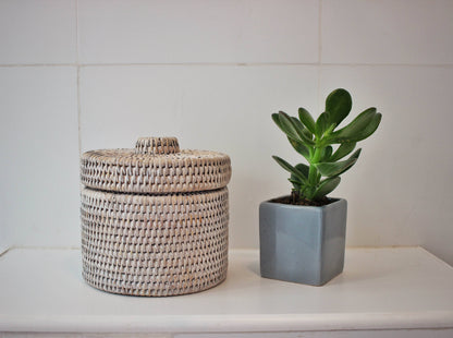 Rattan Round Single Tissue Roll Box: White Wash
