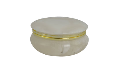 Trinket Box Round Alabaster Stone White with Gold Trim 4"