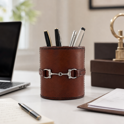 Premium Genuine Leather Stirrup Office Pen Holder
