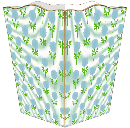WB9319-Marigold Ticking Stripe Blue by Laura Park Wastebasket: Wood Scalloped Top