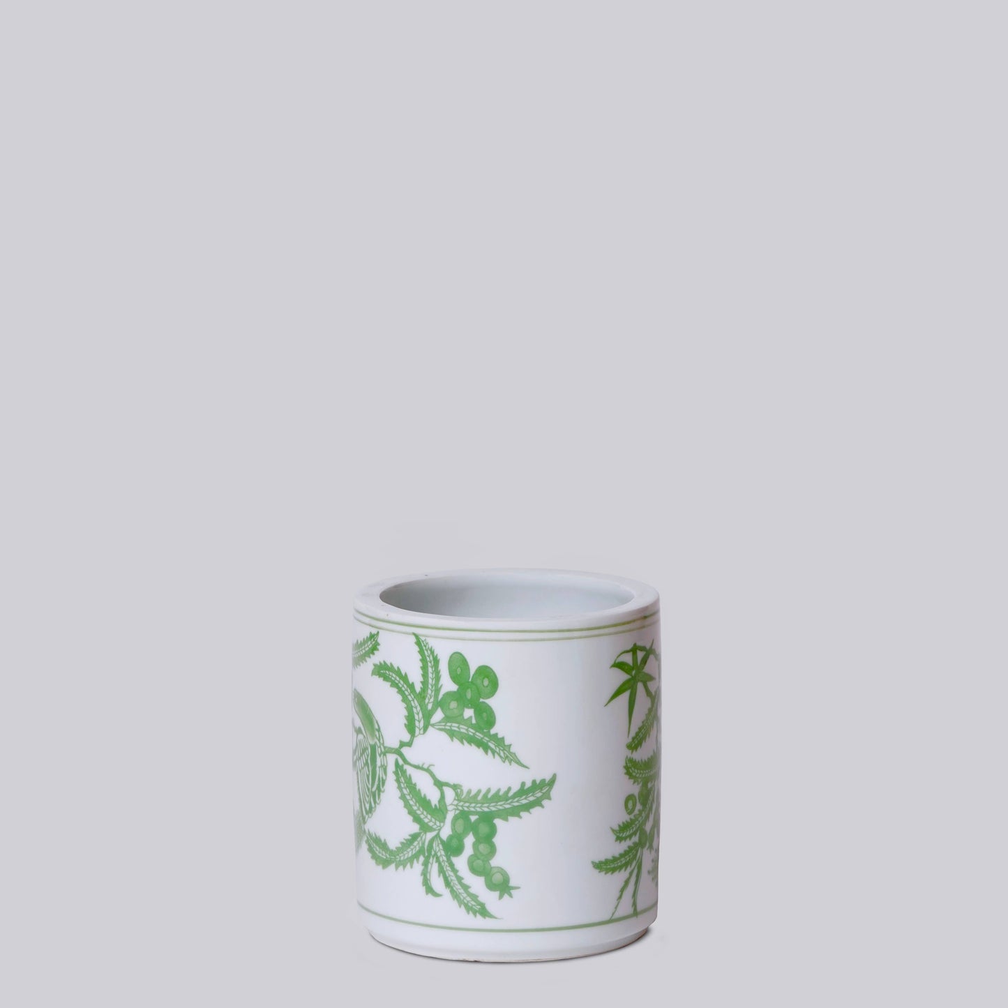 Tiny Green and White Porcelain Bird and Flower Cachepot