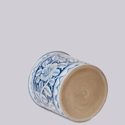 Blue and White Porcelain Floral Cachepot with Indented Rim