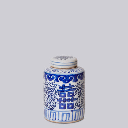 Blue and White Porcelain Double Happiness Cylinder Caddy