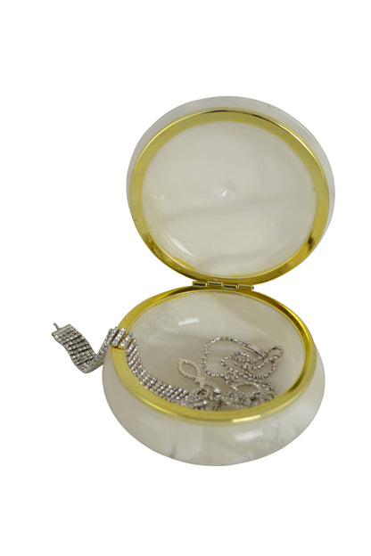 Trinket Box Round Alabaster Stone White with Gold Trim 4"