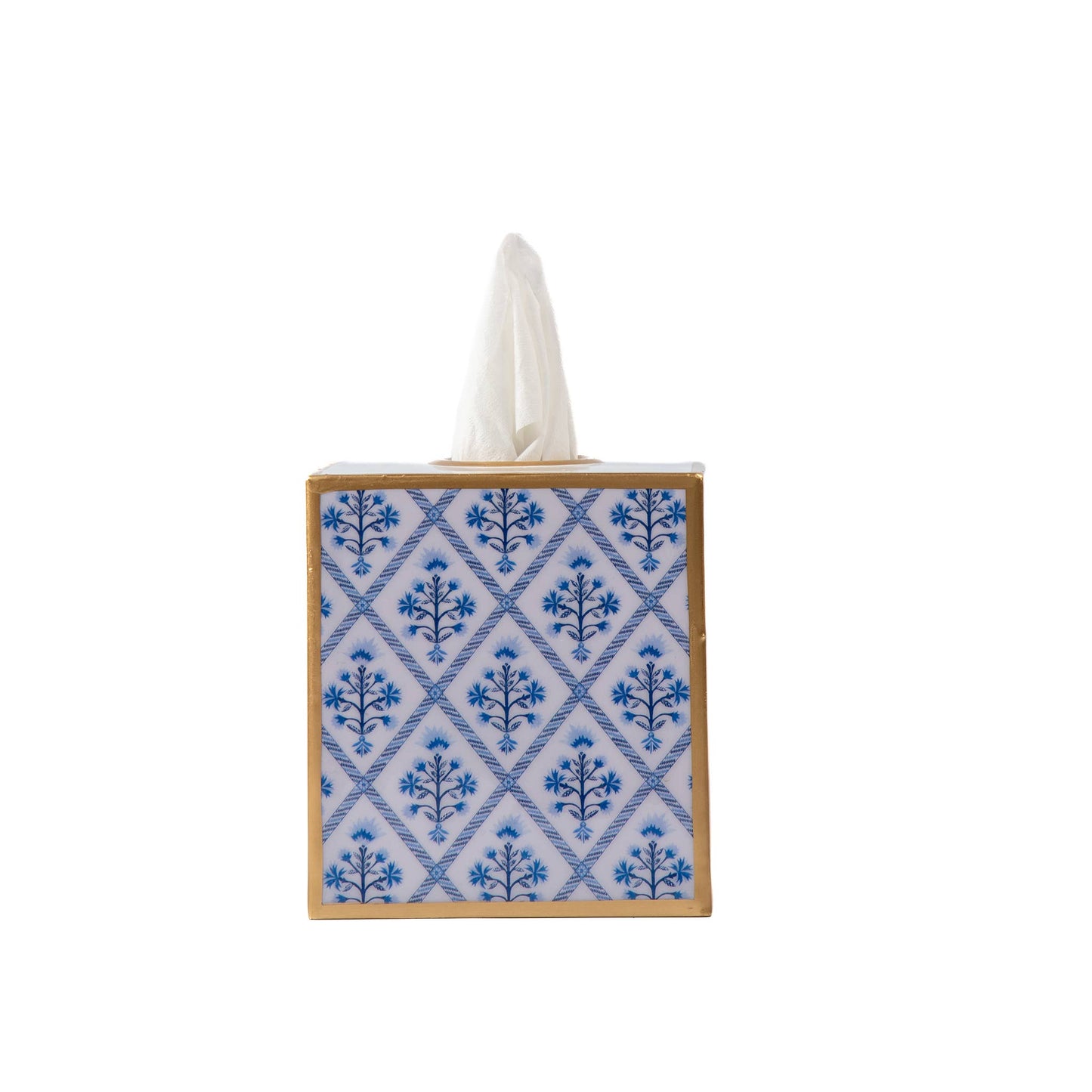 Marigold Lattice Enameled Tissue Box Cover: Blue