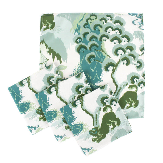 Old Peking Green and Blue Chinoiserie Cloth Dinner Napkins, Set of 4