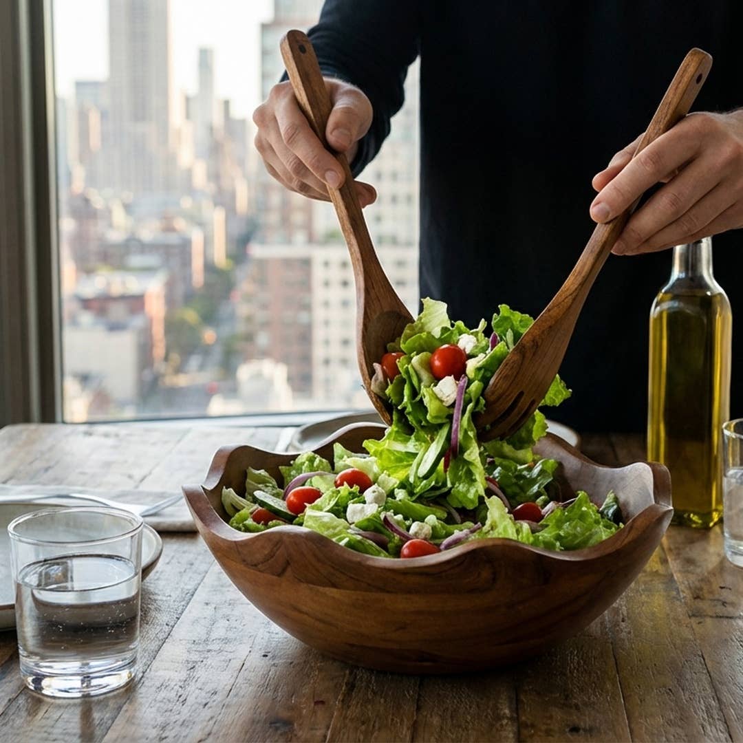 Hand-Carved Scalloped Acacia Wood Salad Bowl with Servers