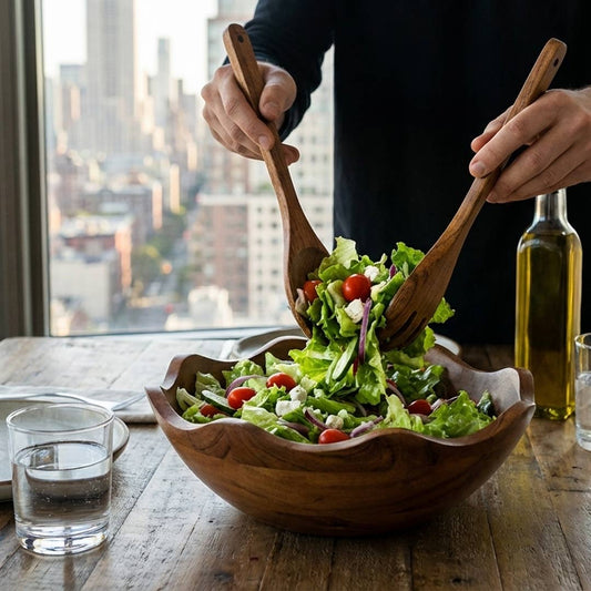 Hand-Carved Scalloped Acacia Wood Salad Bowl with Servers