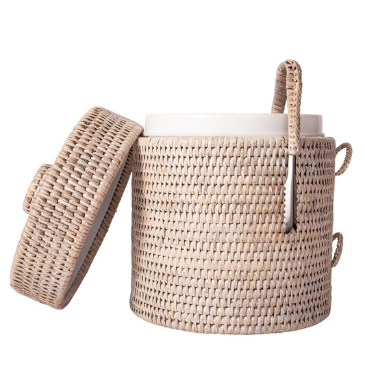 Rattan Ice Bucket with Tongs – Beverage Cooler: White Wash / Small