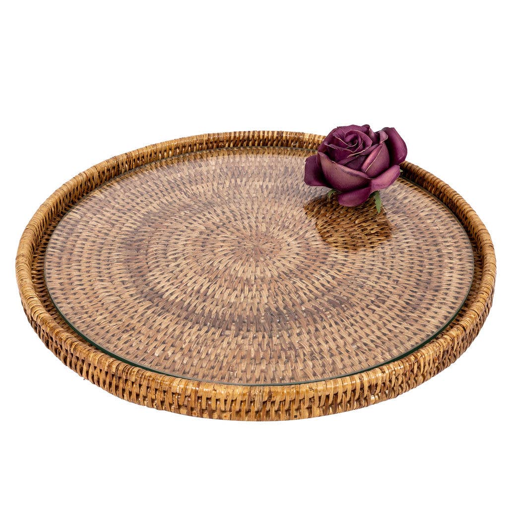 Round Rattan Flat Serving Tray with Removable Glass Insert: Honey Brown / 16"x16"x1"