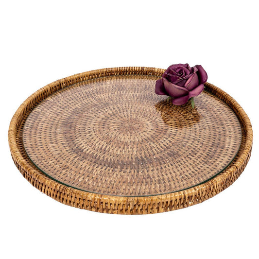 Round Rattan Flat Serving Tray with Removable Glass Insert: Honey Brown / 16"x16"x1"