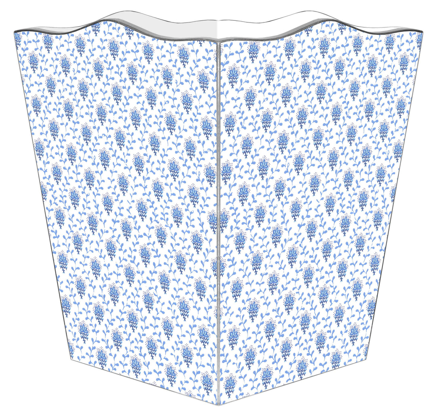 Blue Provencial Print Wastepaper Basket: Wood Scalloped Top