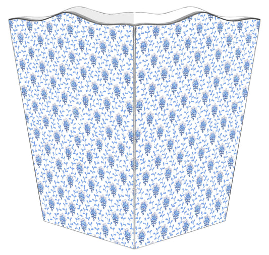Blue Provencial Print Wastepaper Basket: Wood Scalloped Top