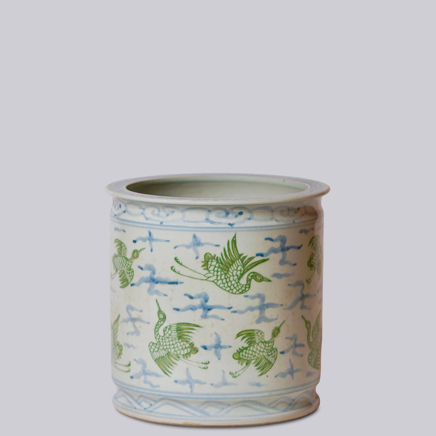 Cranes and Clouds Green and Blue Porcelain Cachepot