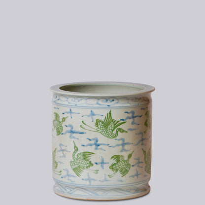 Cranes and Clouds Green and Blue Porcelain Cachepot