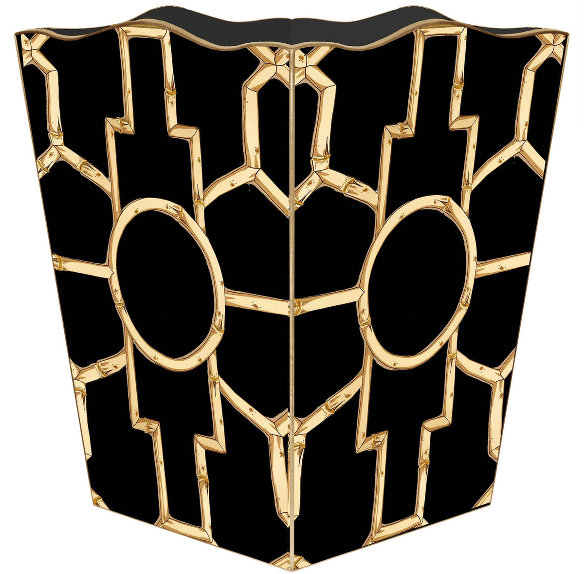 Bamboo on Black: Wood Scalloped Top Wastebasket