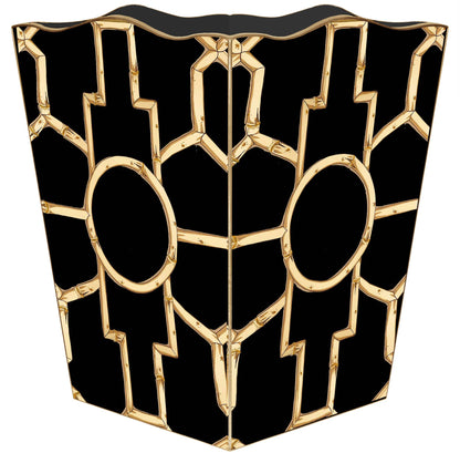 Bamboo on Black: Wood Scalloped Top Wastebasket