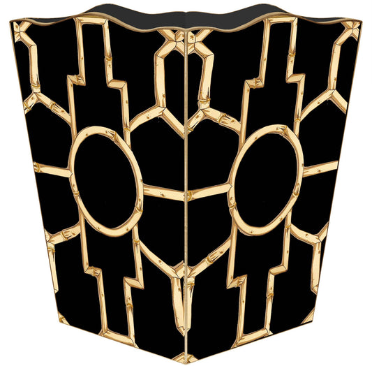 Bamboo on Black: Wood Scalloped Top Wastebasket