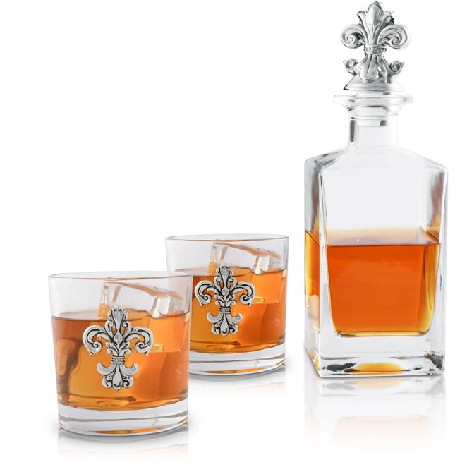 Fleur-De-Lis Decanter Set with Two Glasses