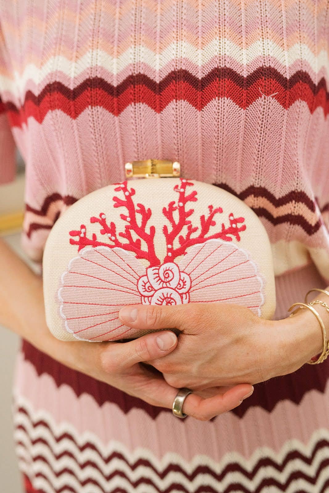 Coral and Shell Clutch- Embroidered - WS: Pink