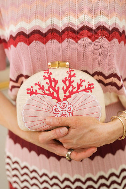 Coral and Shell Clutch- Embroidered - WS: Pink