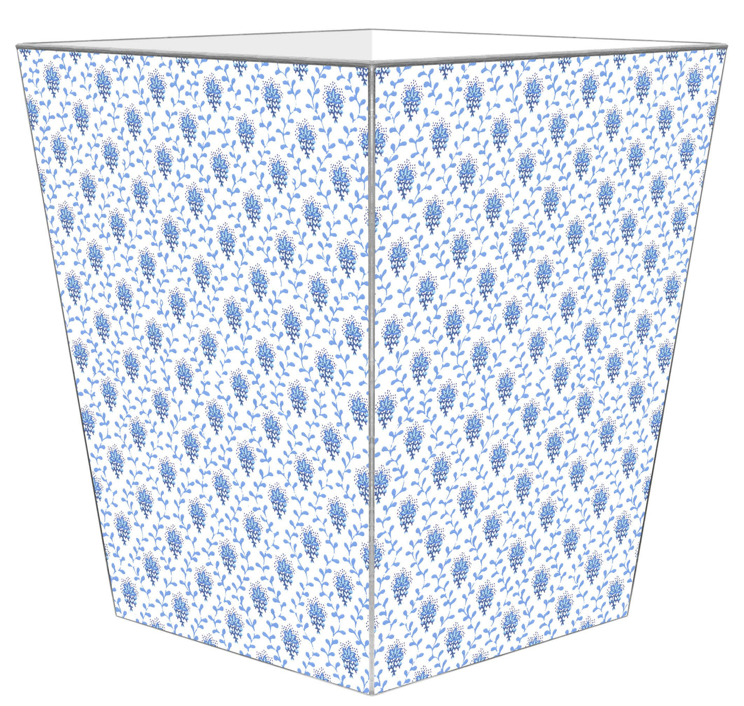 Blue Provencial Print Wastepaper Basket: Wood Scalloped Top
