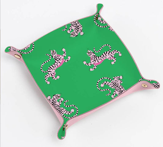 Cute tiger pink trinket gift tray | green pink tiger