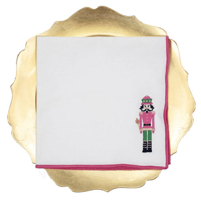 Nutcracker Embroidered Napkin   White/Hot Pink   Set of 4