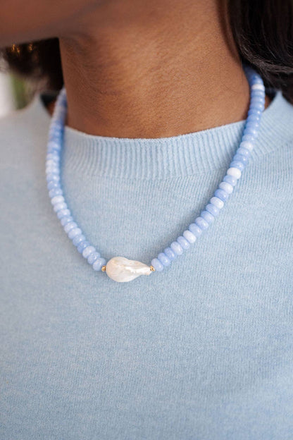 Susie- Quartz Beaded Necklace with freshwater Pearl - WS: Light Blue