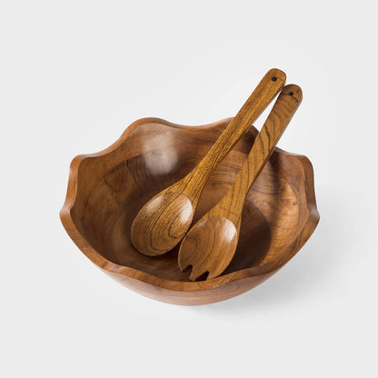 Hand-Carved Scalloped Acacia Wood Salad Bowl with Servers