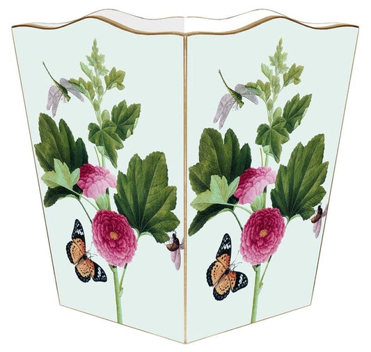 Pink Peony and Butterfly Wastebasket with Scallop Top