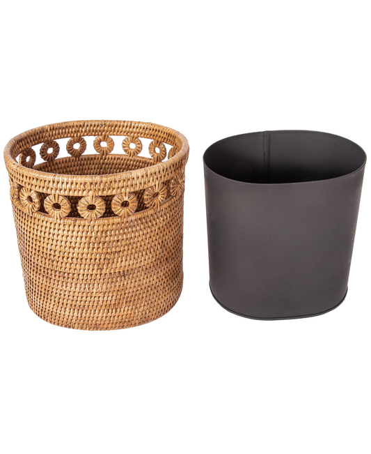 Oval Rattan Waste Basket with Metal Liner: Honey Brown