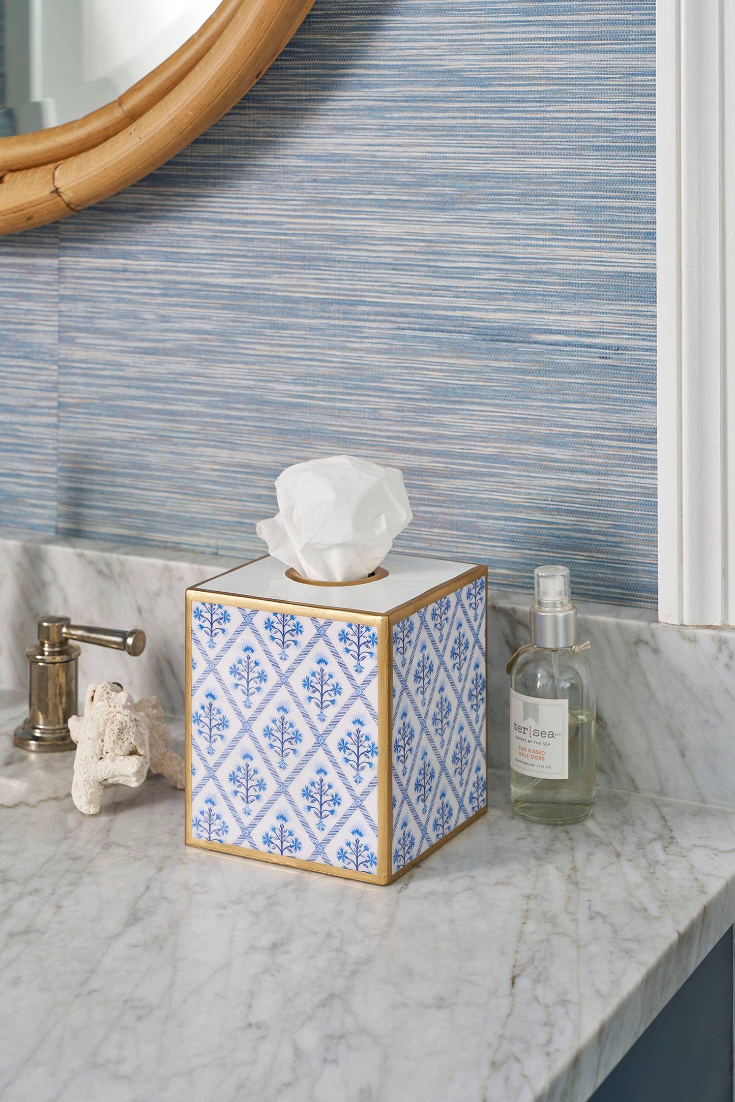 Marigold Lattice Enameled Tissue Box Cover: Blue