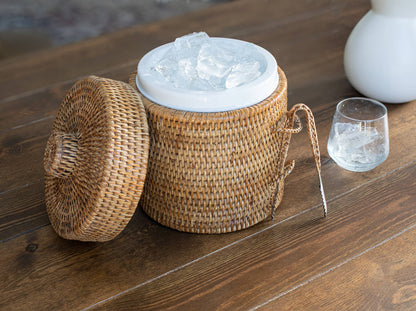Rattan Ice Bucket with Tongs – Beverage Cooler: Honey Brown / Medium