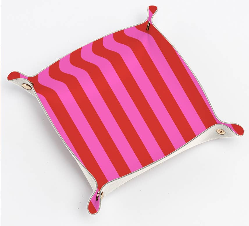 Cute trinket gift tray catchall | leather pink & red stripe